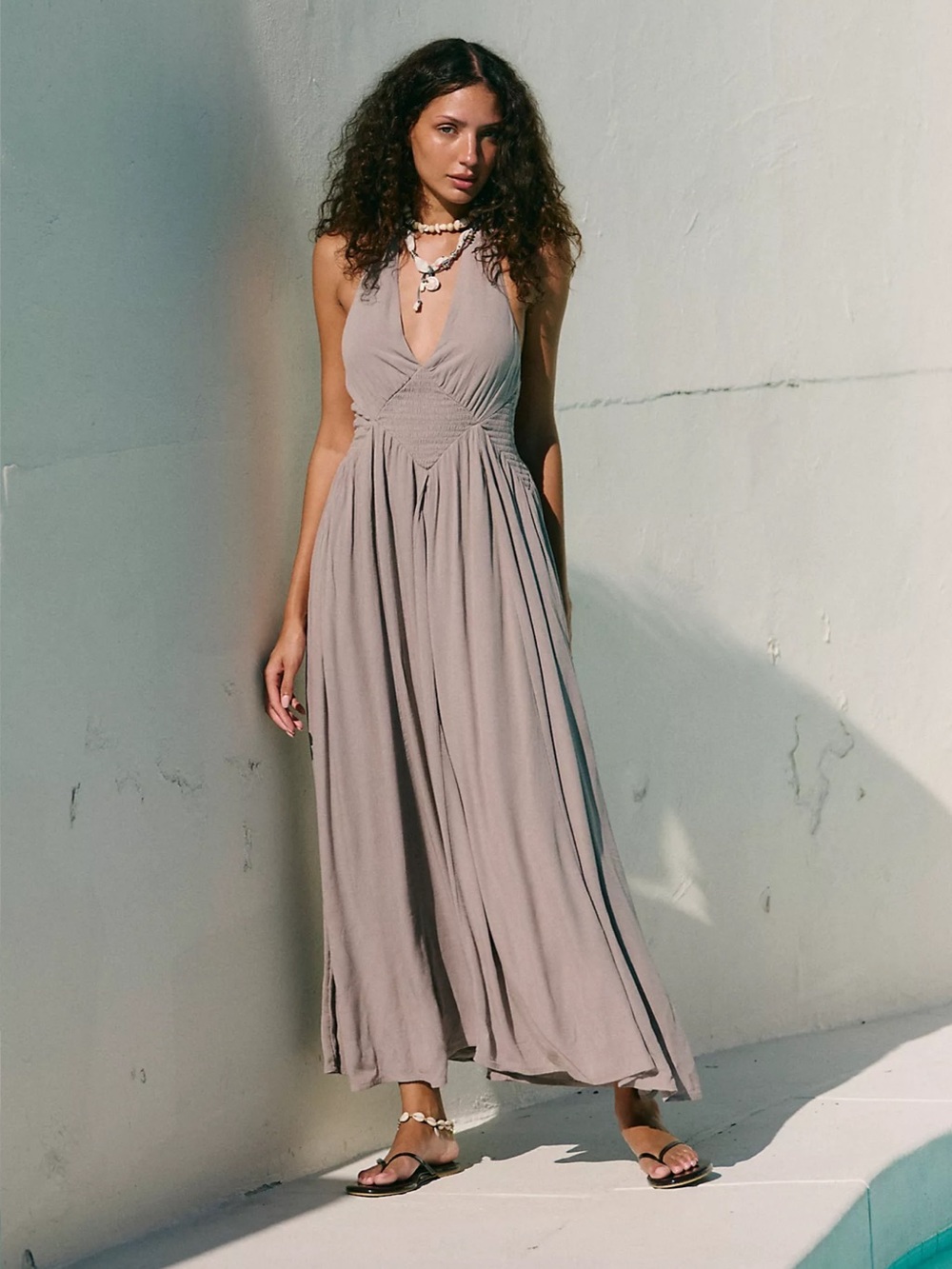 Free People Heavenly Halter Smocked Diamond Detail Maxi Dress XS